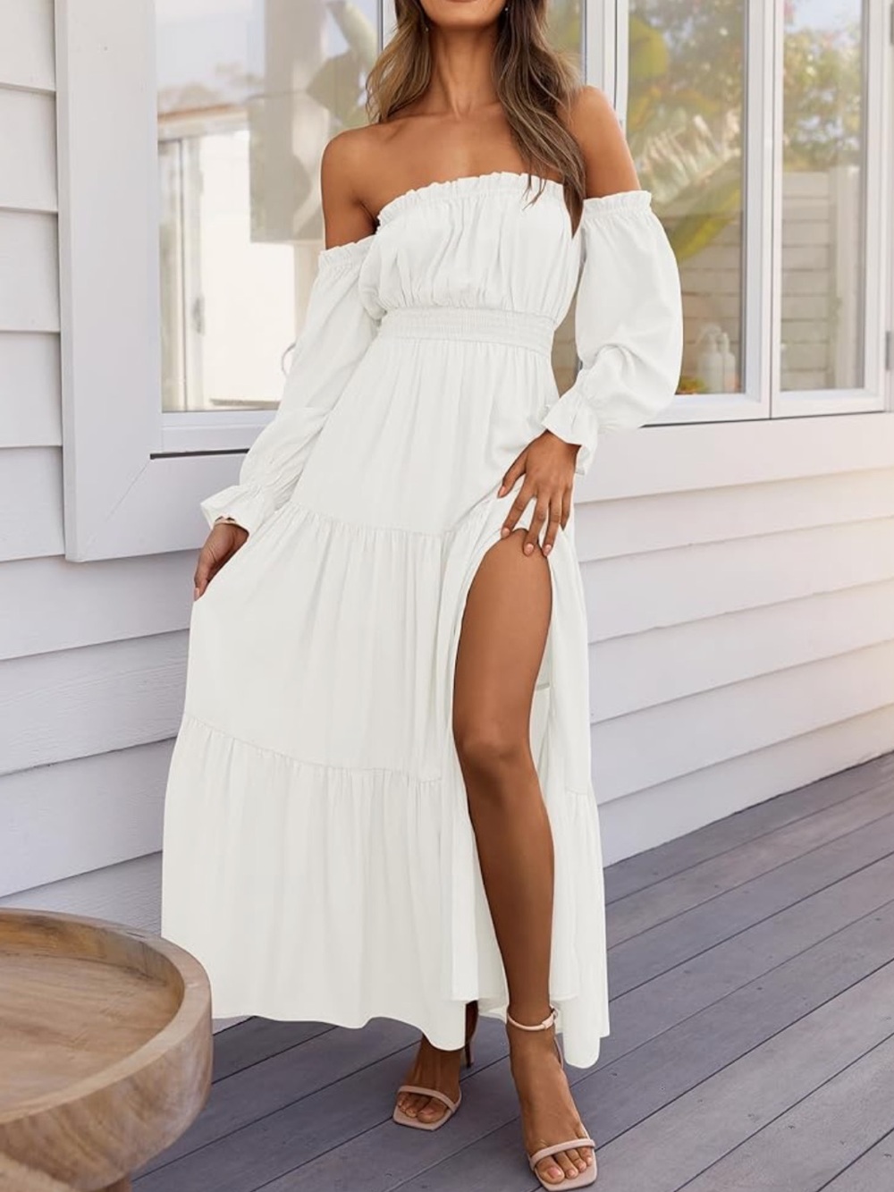 Off-Shoulder White Maxi Dress with Side Slit